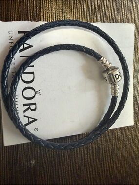 Authentic Pandora Braided Double-Wrap Leather Bracelet  NavyBlue  Silver Clasp